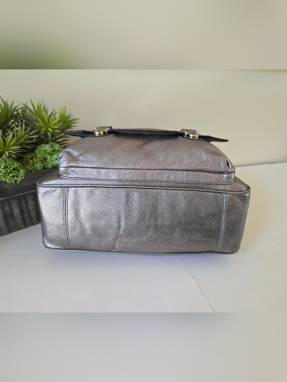 Coach Poppy Pushlock Metallic Leather Tote Y2K Silver Gray - Picture 11 of 16
